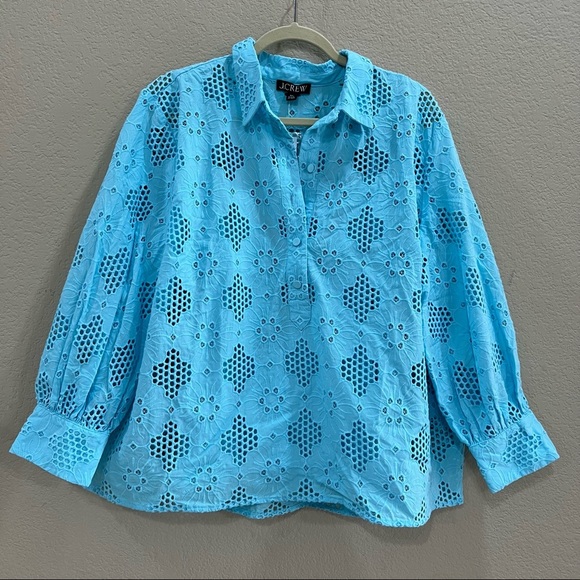 J.Crew Women's XXL Aqua Blue Long-Sleeve Eyelet Popover Blouse Casual Summer NWT - Picture 1 of 11